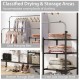 Rolling garment rack featuring dual hanging bars and storage shelves, ideal for laundry or versatile home use.