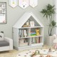 House-shaped toy storage organizer in white with 3 tiers and open shelves for kids' toys and books. Ideal for playrooms.
