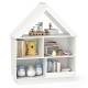 House-shaped toy storage organizer in white with 3 tiers and 5 compartments for kids' toys and books.