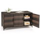 Brown 84-gallon patio wicker deck box with 3 doors, removable shelves, and a spacious top for decorative accents.