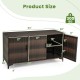 84-gallon brown patio wicker deck box with 3 doors, removable shelves, and dimensions for versatile outdoor storage.