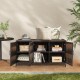 Brown 84-gallon patio wicker deck box with three doors, removable shelves, and decorative display space for outdoor.