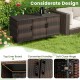 84-gallon brown patio wicker deck box with 3 doors, removable shelves, and convenient handles for outdoor storage.