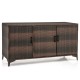 Brown 84-gallon patio wicker deck box with three doors and removable shelves for outdoor storage and organization.
