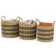 Set of 3 stackable seagrass baskets with handles, featuring a woven design for stylish storage and organization.