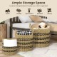 Set of 3 stackable seagrass storage baskets with handles, perfect for organizing clothes, books, and decorations.