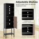 Narrow black bathroom cabinet with 1 door and 4 shelves, featuring adjustable shelves for versatile storage solutions.