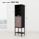 Narrow black bathroom tall cabinet with 1 door and 4 shelves, featuring adjustable shelves and sturdy metal legs.