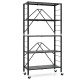 5-tier foldable storage shelf in black with wheels, featuring adjustable shelves for versatile organization in any.