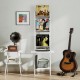 5-tier white record player stand with vinyl display shelf, holding albums and a guitar, ideal for living room use.