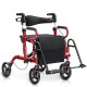 Folding rollator walker in red with 8-inch wheels, padded seat, and adjustable height for mobility support.
