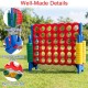 Jumbo 4 in a Row game set with red and yellow pieces, featuring easy reset levers and mesh storage bag for outdoor fun.