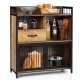 Rustic brown buffet server sideboard with steel doors, drawer, and multiple storage areas for kitchen organization.