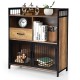 Rustic brown buffet server sideboard with steel doors, drawer, and open shelves for versatile kitchen storage.