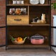 Rustic brown buffet server sideboard with steel doors, featuring open shelves and a drawer for versatile kitchen.