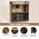 Buffet server sideboard in rustic brown with steel doors, drawer, and open shelf for versatile kitchen storage.