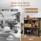 Buffet server sideboard in rustic brown with steel doors, offering diverse storage for kitchen organization and style.