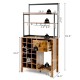 Rustic brown kitchen baker's rack with 3-tier shelves, wine glass holder, and drawer for versatile storage solutions.