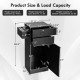 Detailed size chart for the black salon station storage cabinet, showing weight capacities and dimensions for optimal.
