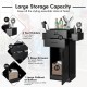 Salon station storage cabinet in black with 6 tool holders, 2 drawers, and large bottom cabinet for hair styling.