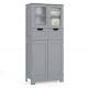 Gray 4-door free-standing bathroom cabinet with 2 drawers and glass doors, featuring adjustable shelves for versatile.
