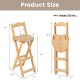 Bamboo folding barstool dimensions with ergonomic design, footrests, and handles, ideal for home or cafe use.