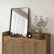 Rectangular wall mount bathroom mirror with solid steel frame, displayed on a wooden cabinet with decorative items.