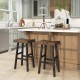 Solid wood saddle-seat bar stools with curved surfaces and footrests, perfect for home or cafe use.