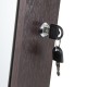 Close-up of the lock and key on the 47-inch brown lockable jewelry cabinet armoire with LED lights for secure storage.