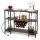 Industrial wine rack wine bar cabinet in brown with 3 shelves, 15 bottle capacity, and built-in charging station.