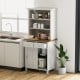 Freestanding kitchen pantry with hutch, white finish, sliding doors, and two drawers for organized storage solutions.