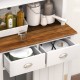 Freestanding kitchen pantry with hutch, white finish, featuring sliding doors and two drawers for organized storage.