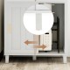 Close-up of the sliding door mechanism on the white freestanding kitchen pantry with adjustable shelves and sturdy legs.