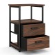 3-tier retro nightstand in walnut with 2 removable fabric drawers and open shelf, ideal for bedroom or living room use.