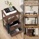 3-tier retro nightstand in walnut with 2 removable fabric drawers and open shelf, ideal for bedroom or living room.