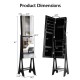 Standing mirror jewelry cabinet in black with dimensions, featuring LED lights and organized storage for jewelry.