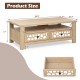 3-tier coffee table in natural finish with 2 drawers, open shelf, and 5 support legs for versatile living room use.