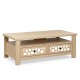 3-tier coffee table in natural finish with 2 drawers and open shelf, perfect for living room storage and display.
