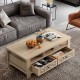 3-tier coffee table in natural finish with 2 drawers and open shelf, perfect for living room essentials and decor.