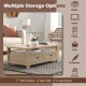 3-tier coffee table with wide tabletop, 2 drawers, and open shelf for versatile storage in natural finish.