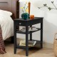 Black side end table with drawer and 2 open shelves, perfect for space-saving storage in any room.