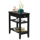 Black side end table with drawer and 2-tier open storage shelves, perfect for small spaces and home decor.