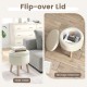 Round beige storage ottoman with rubber wood legs, flip-over lid for use as a side table, ideal for living room or.