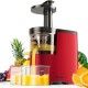 Slow masticating juicer in red extracting fresh juice from fruits, designed for maximum nutrition and minimal oxidation.