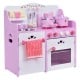 Kids wooden kitchen toy playset in pink with strawberry design, featuring working knobs and storage for pretend cooking.