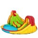 Brightly colored inflatable water slide bounce park with splash pool, climbing walls, and multiple play areas for kids.