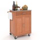 Wooden kitchen rolling storage cabinet with stainless steel top, featuring a drawer and shelves for easy organization.