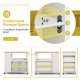 Kitchen island trolley cart with white finish, adjustable shelves, and rubber wood countertop for versatile storage.