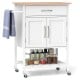 Rolling kitchen island cart in white with rubber wood countertop, drawer, towel rack, and storage for utensils.