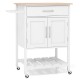 Rolling kitchen island cart in white with rubber wood countertop, drawer, towel rack, and 360° swivel casters for easy.